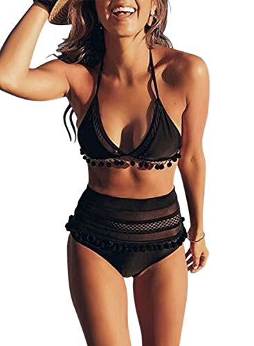 Photo 1 of Dokotoo Womens High Waist Two Pieces Bikini Set Striped Tassel Swimsuit X-Large A Black