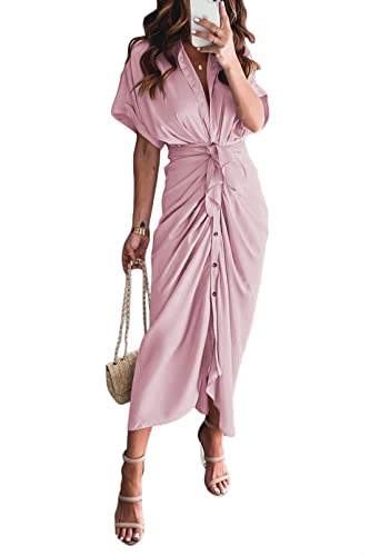 Photo 1 of Women Silk Dress Ruched Button Up Shirt Long Dresses Satin Work Dress Rose Med