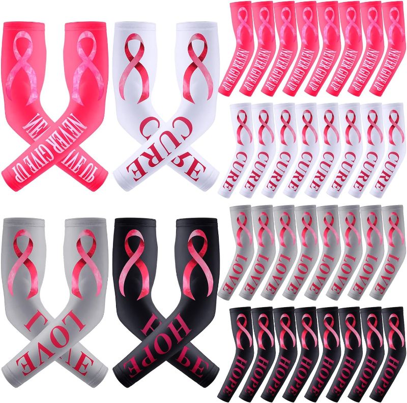 Photo 1 of 32 Pair Breast Cancer Awareness Sleeves Pink Ribbon Arm Sleeves Cooling Baseball Compression Arm Cover Sleeve for Women Girls