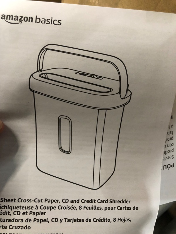 Photo 2 of **PARTS ONLY DOES NOT FUNCTION**
Amazon Basics 8 Sheet Cross Cut Paper and Credit Card Shredder with 4.1 Gallon Bin, Black