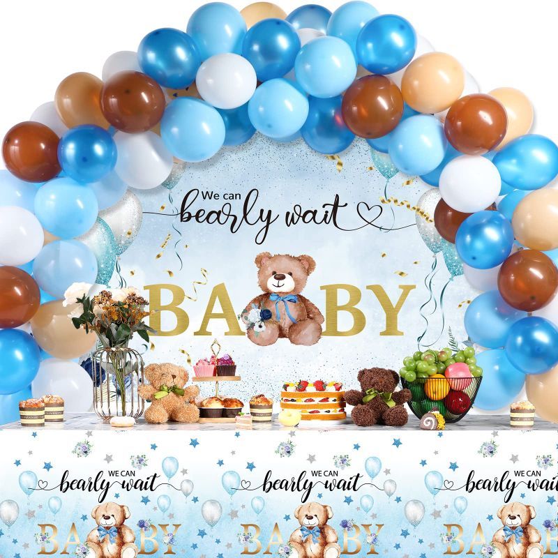 Photo 1 of 67 Pieces Bear Baby Shower Decorations Bearly Wait Bear Baby Shower Tablecloth Backdrop and Blue Brown Balloons