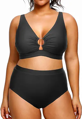 Photo 1 of Tempt Me Women Plus Size High Waisted Bikini Sets Two Piece Swimsuits O Ring Cutout Tummy Control Bathing Suits