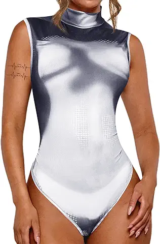 Photo 1 of LovelyWholesale Turtle Neck Bodysuit Jumpsuit 3D Body Print Sleeveless Bodysuit Top for Woman