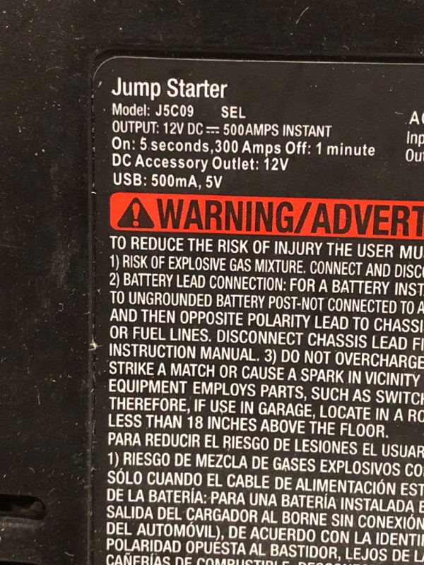 Photo 5 of ***USED - NOT FUNCTIONAL - DOESN'T POWER ON - UNABLE TO TROUBLESHOOT***
STANLEY J5C09D Digital Portable Power Station Jump Starter: 1000 Peak/500Instant Amps, 120 PSI Air Compressor