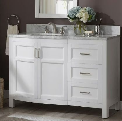 Photo 1 of **Details in Notes**allen + roth Moravia White Vanity with Natural Italian Carrara Natural Marble Top (Common Size: 48-in x 20-in)