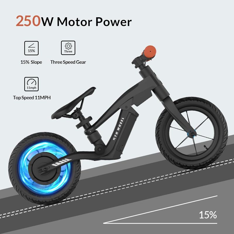 Photo 4 of (READ FULL POST) 5TH WHEEL K8 Electric Bike for Kids, 250W Electric Balance Bike Ages 3-5 Years Old, Kid Electric Motorcycle with 3 Speed Modes, 12 inch Inflatable Tire and Adjustable Seat Black