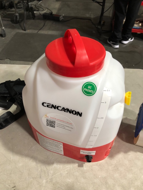 Photo 4 of ***USED - DIRTY - UNABLE TO TEST***
CENCANON 3 Gallon Battery Powered Backpack Sprayer, Red/White