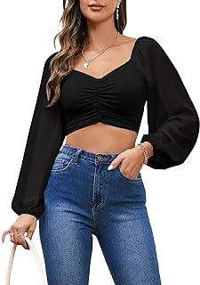 Photo 1 of Women's Y2K Sweetheart Neck Crop Top Chiffon Lantern Long Sleeve LARGE 