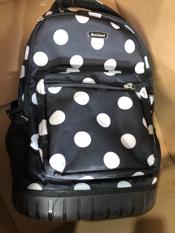 Photo 2 of ***HANDLE BROKEN OFF AND MISSING - SEE PICTURES - FOR PARTS ONLY - NONREFUNDABLE***
Rockland Single Handle Rolling Backpack, Black Dot, 19-Inch