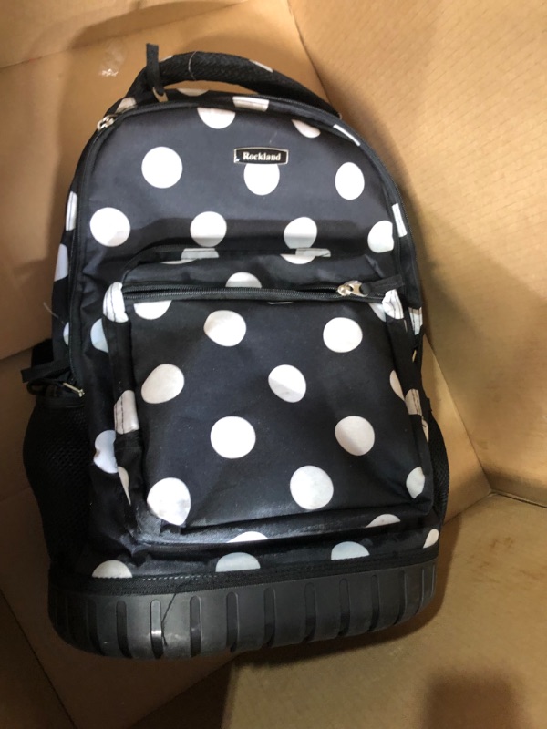 Photo 3 of ***HANDLE BROKEN OFF AND MISSING - SEE PICTURES - FOR PARTS ONLY - NONREFUNDABLE***
Rockland Single Handle Rolling Backpack, Black Dot, 19-Inch