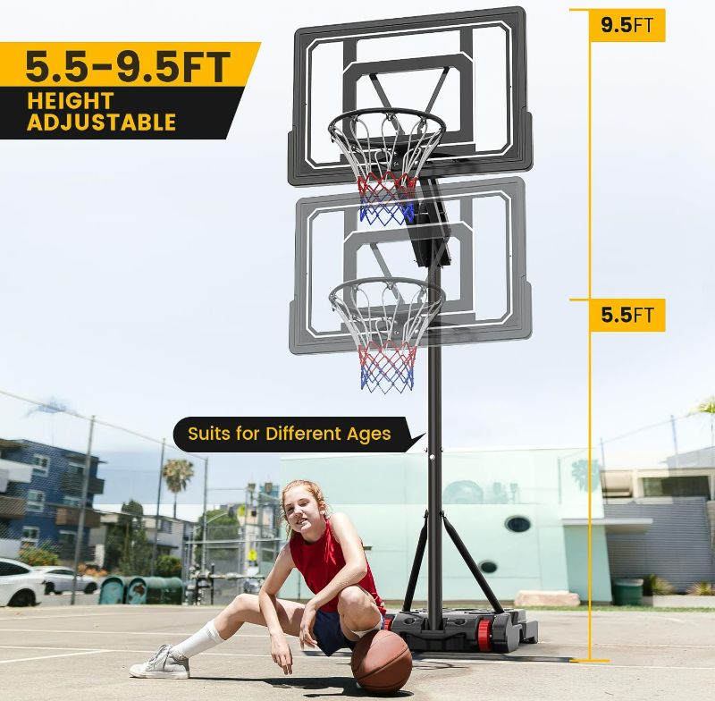 Photo 5 of (READ FULL POST) Portable Basketball Hoop Outdoor for Kids Youth - 5.5FT-9.5FT Easy Height Adjustable Stand System w/Shatterproof Backboard - Indoor Outside Basketball Goal Court with Free Weighted Bag
