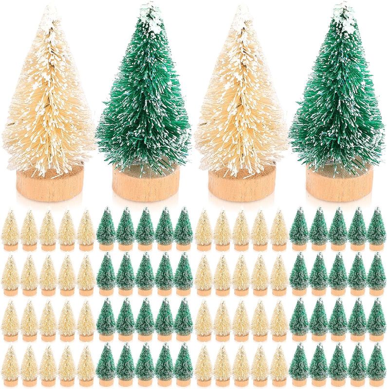 Photo 1 of 100 Pcs Mini Christmas Tree Artificial Sisal Trees with Wood Base Tabletop Bottle Brush Trees  (Classic Colors)