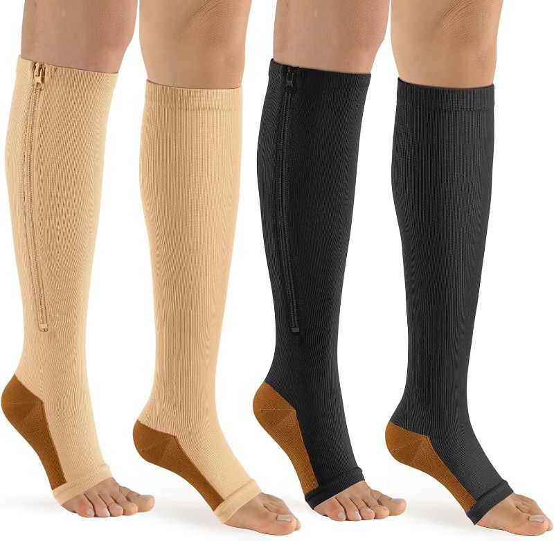 Photo 1 of bropite Zipper Compression Socks Women & Men - 2Pairs Calf Knee High 15-20mmHg Open Toe Compression Stocking 