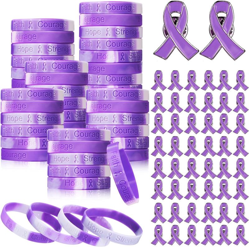 Photo 1 of Kigeli 50 Pcs Purple Ribbon Cancer Awareness Bracelets Silicone Ribbon Wristbands 50 Pcs Purple Breast Cancer 2 Packs