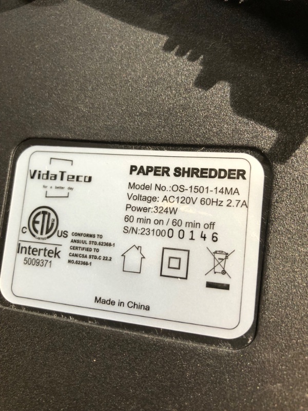 Photo 7 of Paper Shredder for Home Office,VidaTeco 14-Sheet 60-Mins Micro Cut Shredder with US Patented Blade,Shred 