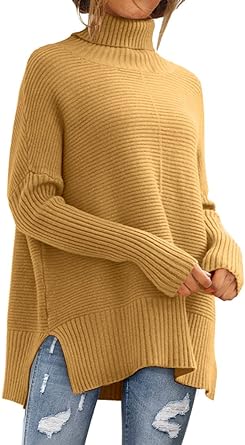 Photo 1 of LILLUSORY Women's Oversized Turtleneck Sweaters 2023 Fall Batwing Sleeve Ribbed Tunic Sweater Khaki Medium