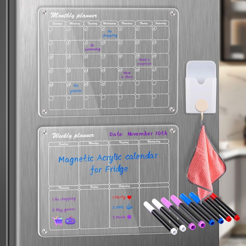 Photo 1 of Acrylic Magnetic Monthly and Weekly Calendar for Fridge, Dry Erase Magnetic Calendar Board Includes 8 Markers 