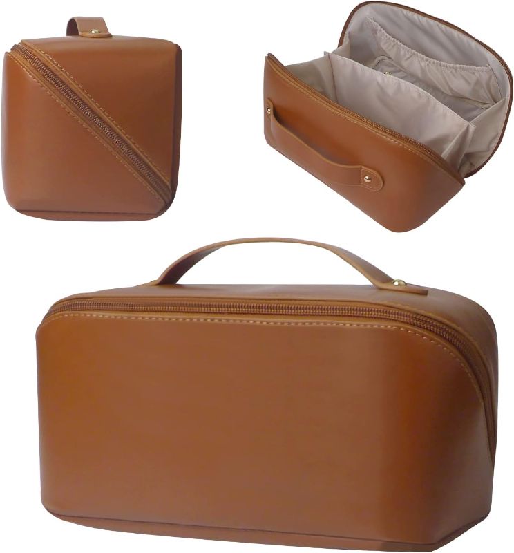 Photo 1 of 2023 New Large Capacity Travel Cosmetic Bag, PU Leather Waterproof Portable Cosmetic Bag with Handle  (brown)