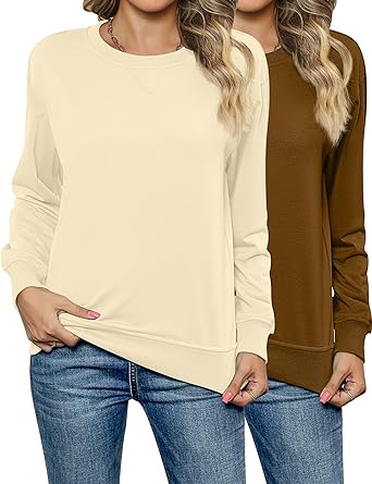 Photo 1 of 2 Pieces Womens Casual Long Sleeve Sweatshirt Loose Fit Soft Pullover Tunic Tops Crew Neck Pullover Top X-Large