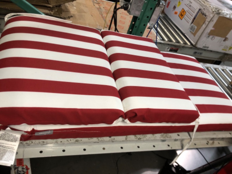 Photo 4 of Pillow Perfect Stripe Indoor/Outdoor Split Back Chaise Lounge Cushion with Ties, Plush Fiber Fill, 72.5" x 21", Red/White 