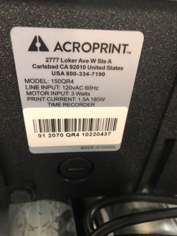 Photo 4 of **LATCH BROKEN - SEE PHOTOS**
Acroprint 01-2070-413 Model 150 Analog Automatic Print Time Clock with Month/Date/0-23 Hours/Minutes