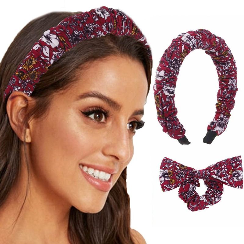 Photo 1 of Boho Headband Flower Printing Hair Hoop Headbands with Bow Hair Scrunchies Ruched Ruffled Wide Hairband (2 Pack)
