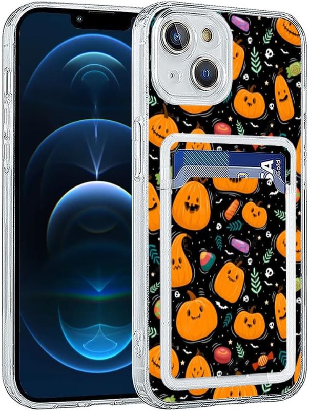 Photo 1 of Boho Pumpkin Candy Ghost Halloween Pattern Clear Phone Case Compatible with iPhone 14 Plus with Card Holder