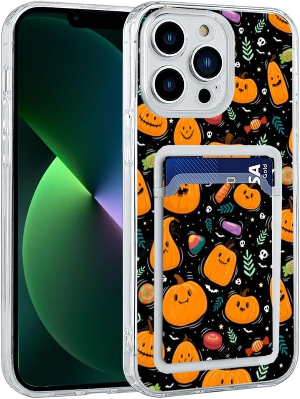 Photo 1 of Boho Pumpkin Candy Ghost Halloween Pattern Clear Phone Case Compatible with iPhone 13 Pro Max with Card Holder
