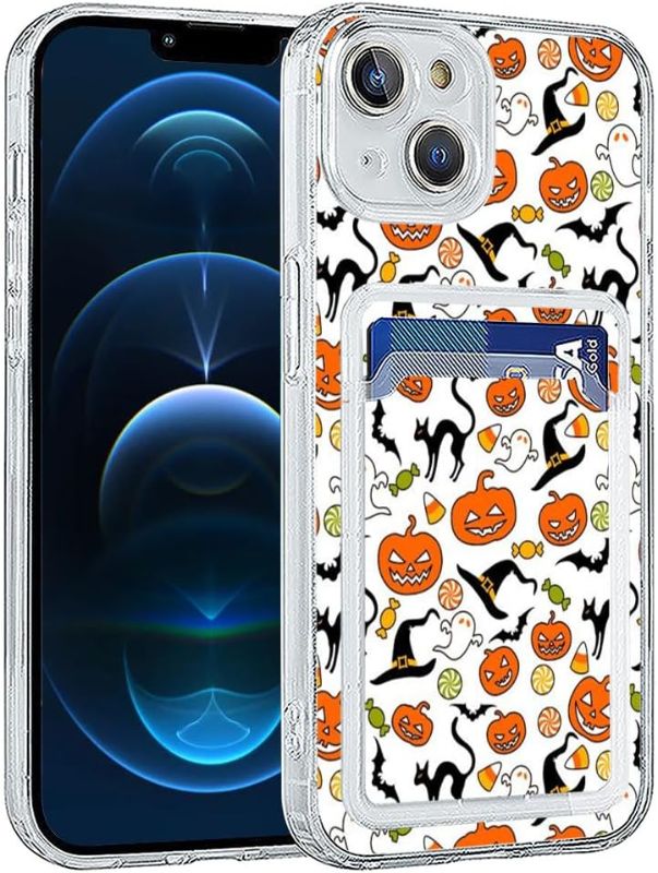 Photo 1 of Boho Pumpkin Animal Ghost Halloween Pattern Clear Phone Case Compatible with iPhone 13 Mini with Card Holder