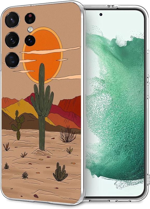 Photo 1 of Aesthetic Case for Samsung Galaxy S23 Ultra Trendy Design TPU Bumper Case, Abstract Desert Sunset Cactus Pattern
