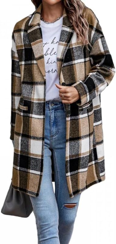 Photo 1 of Comeon Womens Plaid Shacket Jacket Casual Flannel Button Pocket Lapel Wool Blend Tartan Trench Pea Coat - large
