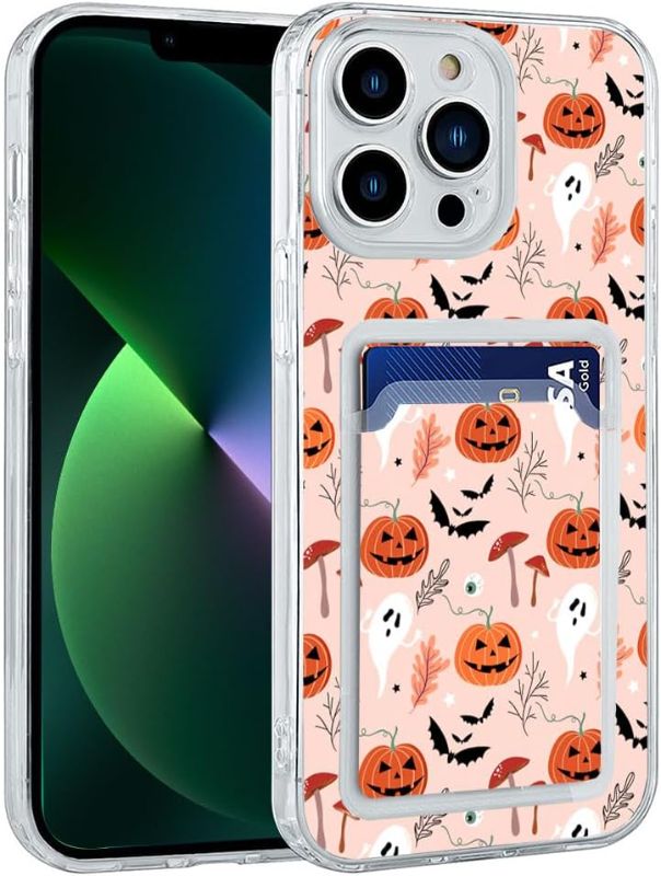 Photo 1 of Boho Ghost Pumpkin Bat Pattern Case for iPhone 14 Plus with Card Holder
