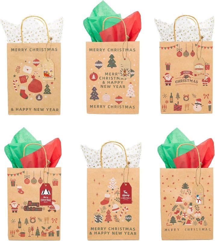 Photo 1 of 24 Christmas Kraft Gift Bags for Holiday Paper Gift Bags, Christmas Brown Paper?Bags,Christmas Goody Bags
