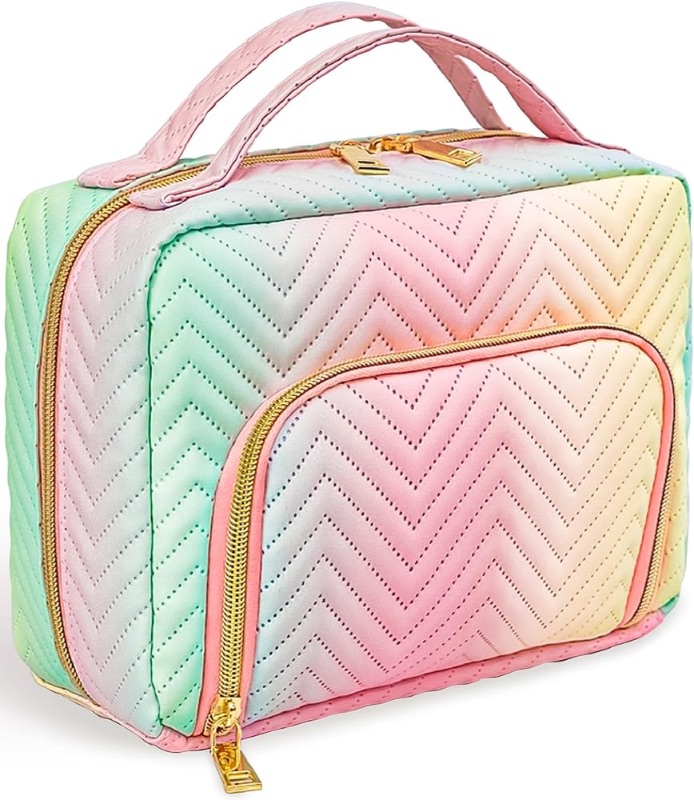 Photo 1 of (PACK OF 2)- Luxury Cosmetic Bag - Large Capacity Travel Makeup Bags for Women -Toiletry Bag Organizer Portable Waterproof PU Leather with Handle, Teen Girl Pouch Pink
