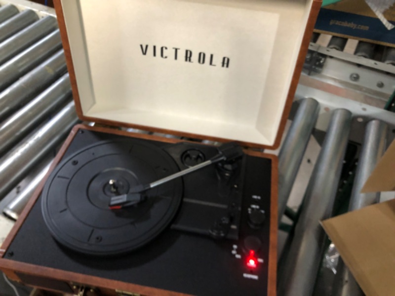 Photo 3 of Victrola Vintage 3-Speed Bluetooth Portable Suitcase Record Player with Built-in Speakers | Upgraded Turntable Audio Sound| Includes Extra Stylus | Brown Brown Record Player