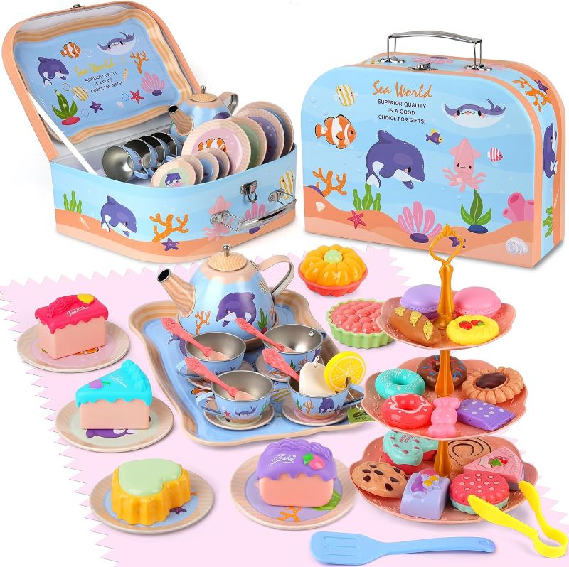 Photo 1 of  efubaby 47PCS Tea Party Set for Little Girls, Sea World Tea Set Toys for Girls Kids Including Teapot Cups Dessert Plates & Carrying Case, Kids Kitchen Pretend Play Tea Set Toy (2 PACK)
