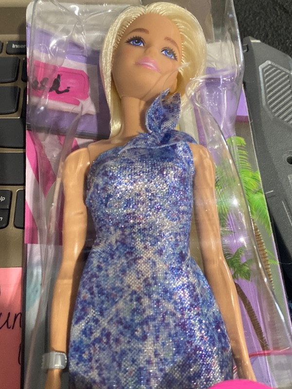 Photo 2 of Barbie Blonde Hair Blue Eyes with Short Blue Sequins Mini Dress and Silver Platform Shoes