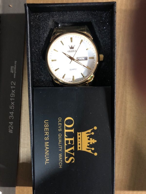 Photo 2 of **SEE NOTES/DAMAGED**
OLEVS Mens Gold Watches Analog Quartz Business Dress Watch Day Date Stainless Steel Classic Luxury Luminous Waterproof Casual Male Wrist Watches