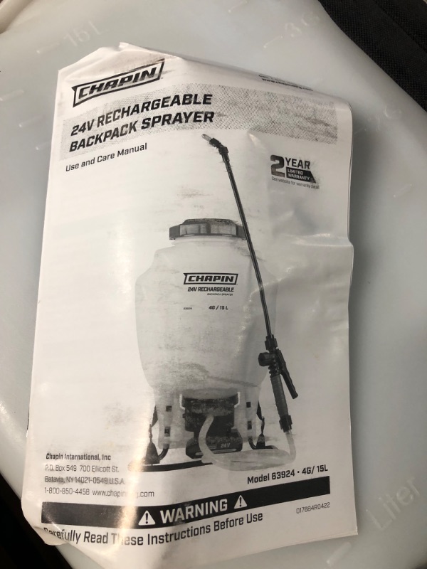 Photo 1 of *SEE NOTES* Chapin 63924 4-Gallon 24-volt Extended Spray Time Battery Backpack Sprayer For Fertilizer, Herbicides and Pesticides, 4-Gallon (1 Sprayer/Package)