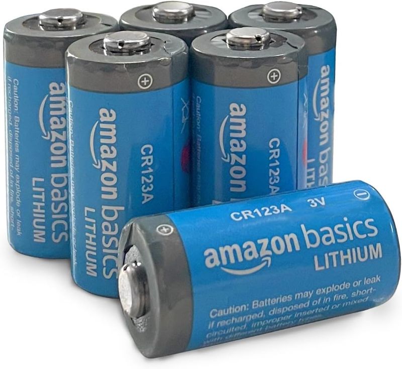 Photo 1 of Amazon Basics 6-Pack CR123A Lithium Batteries, 3 Volt, 10-Year Shelf Life 6 Count (Pack of 1)