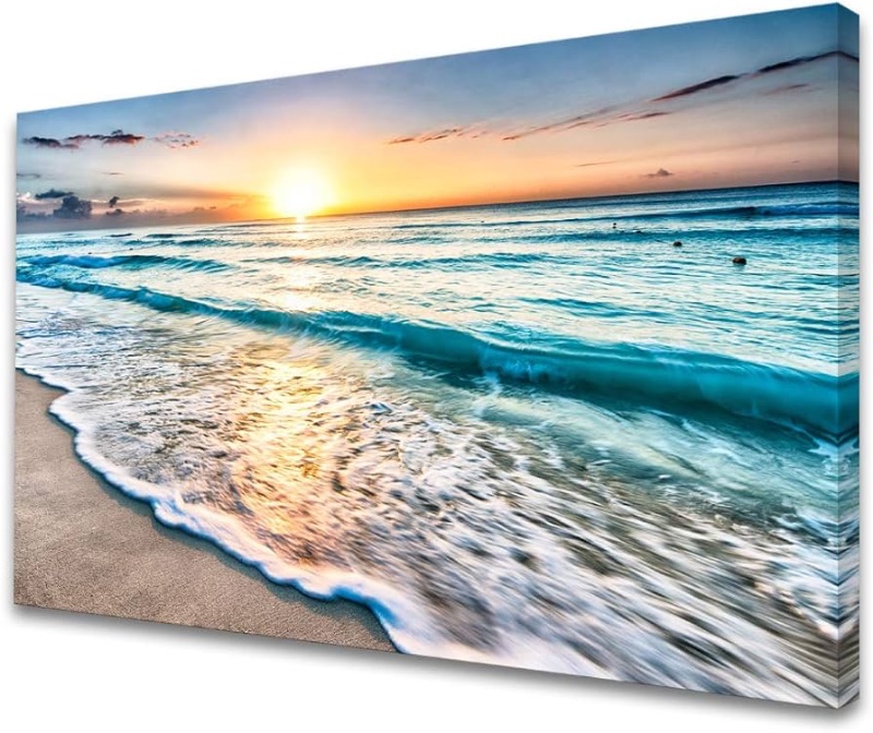 Photo 1 of Canvas Prints Wall Art Beach Sunset Paintings Ocean Waves Nature Pictures Stretched Canvas Wooden Framed for living Room Bedroom and Home Office Wall Decor Posters