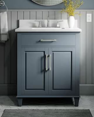 Photo 1 of allen + roth Brookview 30" Slate Blue Undermount Single Sink Bathroom Vanity with Carrara Engineered Marble Top