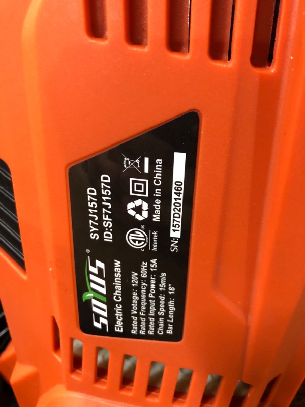 Photo 4 of ***USED - LIKELY MISSING PARTS - UNABLE TO TEST***
SOYUS Electric Chainsaw, 18 Inch 15 Amp Corded Chainsaw Low Kickback