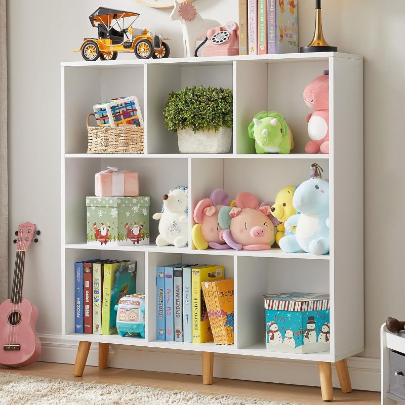 Photo 1 of 3-Tier Bookshelf, 8-Section Wooden Bookcase, Storage Organizer with Pine Legs, (White)