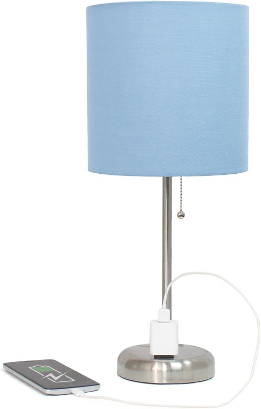 Photo 1 of **LAMPSHADE IS DAMAGED**PICTURED**
Simple Designs Brushed Steel Stick Table Desk Lamp with Charging Outlet and Drum Fabric Shade LIGHT BLUE