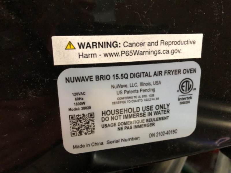 Photo 5 of **READ NOTES,  MINOR DAMAGE, SOLD FOR PARTS, NON-REFUNDABLE**
NUWAVE Brio Air Fryer Smart Oven, 15.5-Qt X-Large Family Size,15.5-Quart Black