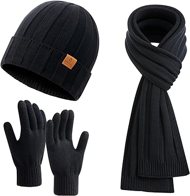 Photo 1 of Coolprinc Winter Beanie Hat Long Scarf Touchscreen Gloves Set (Adult) - Black