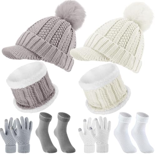 Photo 1 of 8 Pcs Winter Fleece Lined Beanie Hat Sets-Grey & White 