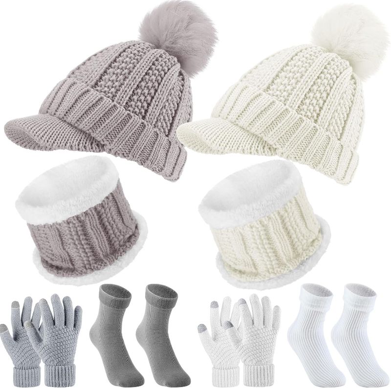 Photo 1 of 8 Pcs Winter Fleece Lined Beanie Hat Set (Grey & White)