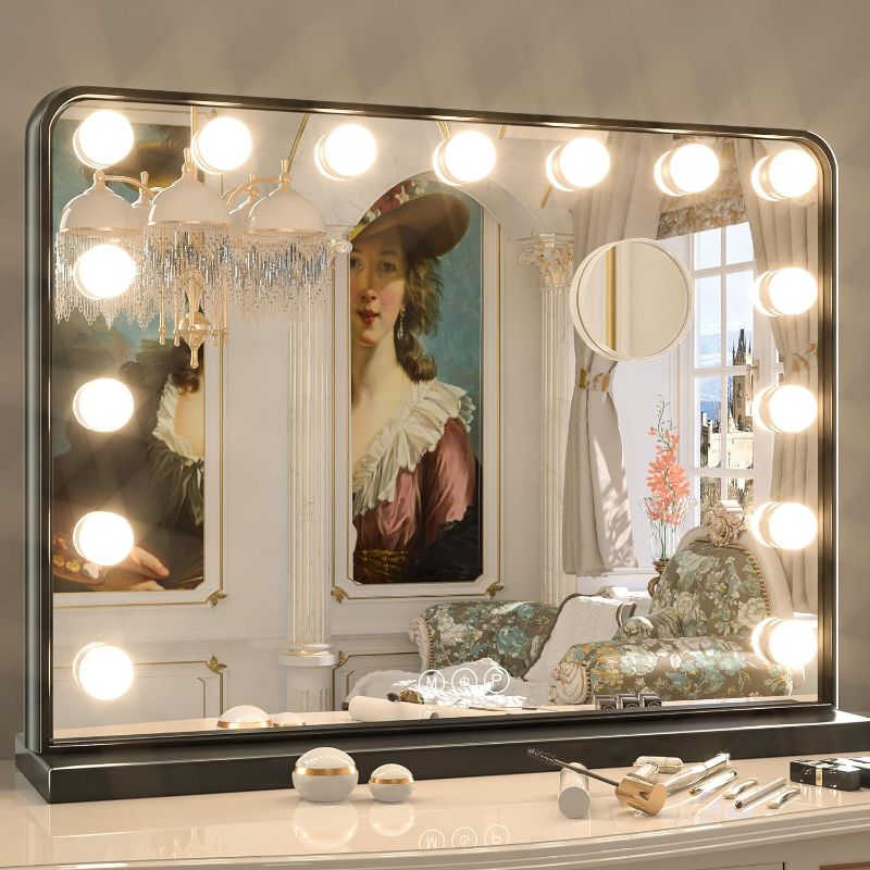 Photo 1 of ***USED - POWERS ON - UNABLE TO TEST FURTHER***
Keonjinn Black Vanity Mirror with Lights, 15 Replaceable Bulbs Hollywood Makeup Mirror with 2 Replacement Bulbs, 23" x 18" Large Lighted Mirror